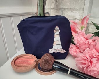 Navy/Red Lighthouse Cosmetic Bag | Makeup Travel Pouch | Handmade Zipper Bag in 100% Cotton with Gray Lining