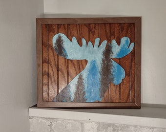 Wooden & Hand-Painted Cabin-Style Wall Art, Rustic Moose Art