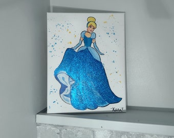 Hand-Painted Cinderella Painting with Watercolor and Glitter Effects on Canvas | Princess Wall Art on 11 x 14-inch Canvas