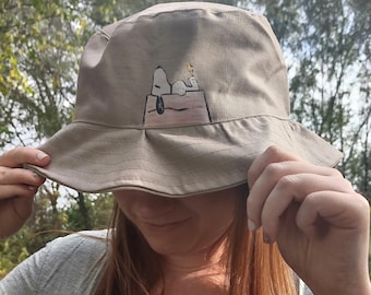 Tan Bucket Hat | Snoopy and Woodstock Red Dog House with Stitching Details | Original Handmade Character Hat
