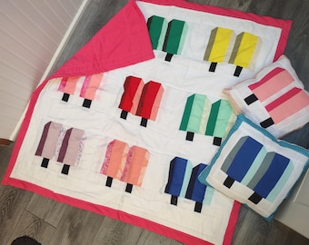 Popsicle Throw Quilt with Pillows | Colorful Blanket and Couch Pillows for Summer