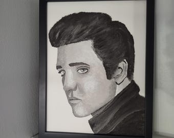 Elvis Hand-Painted Portrait | Framed "The King" Original Acrylic Painting on 9 x 12 inch Canvas Paper | Elvis Presley Rock n' Roll