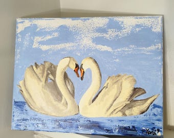 キャンバスに描かれた白鳥の絵画 | 湖畔にハートの首を持つ
