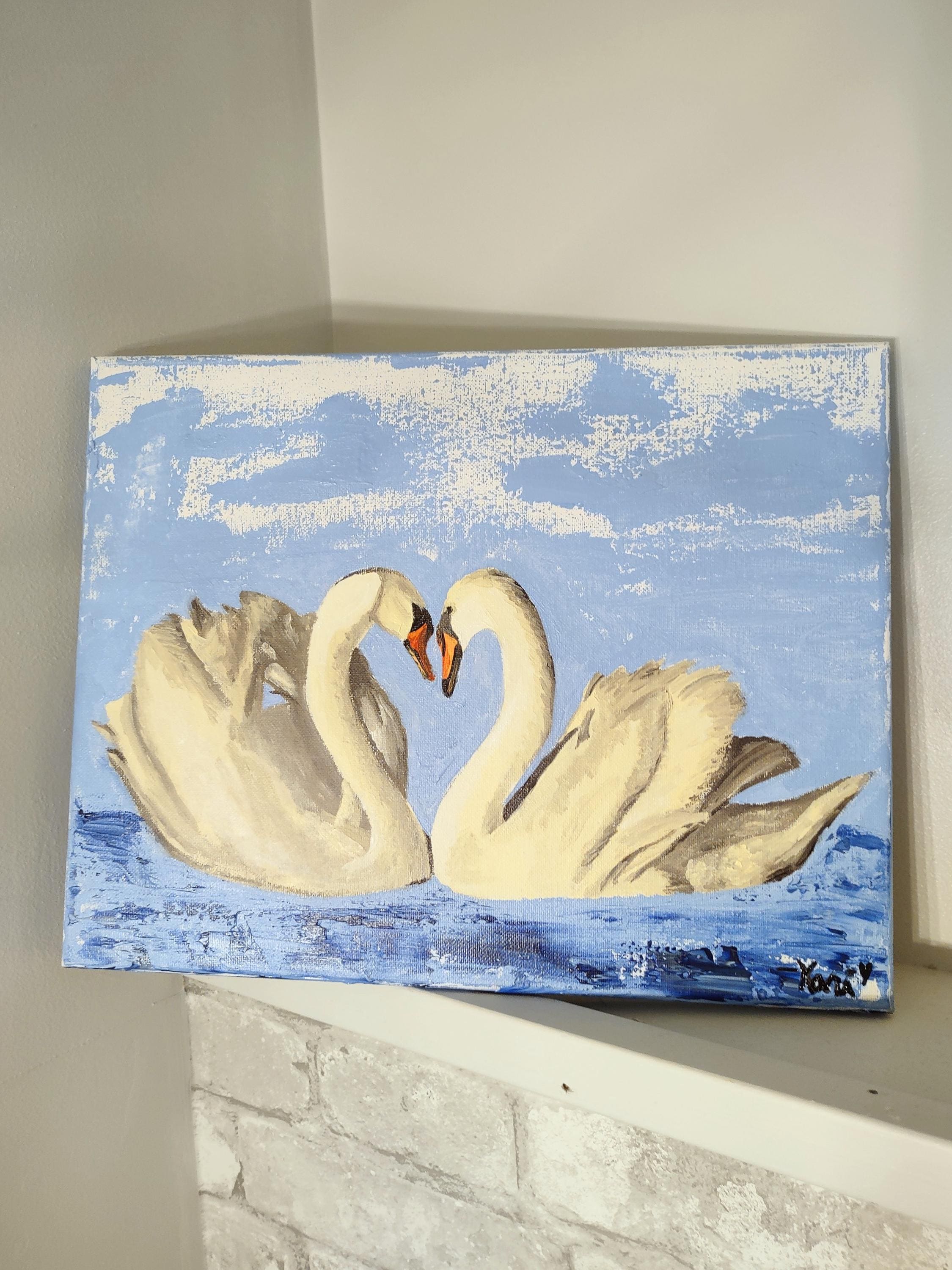 キャンバスに描かれた白鳥の絵画 | 湖畔にハートの首を持つ