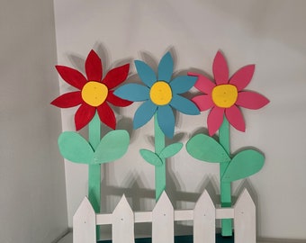 Wooden & Hand-Painted Standing Spring/Summer Flower Decor with White Fence