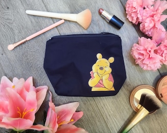 Navy And Yellow "Winnie the Pooh" Cosmetic Bag | Hand-Painted Makeup Travel Pouch | Handmade Zipper Bag in 100% Cotton with Gray Lining