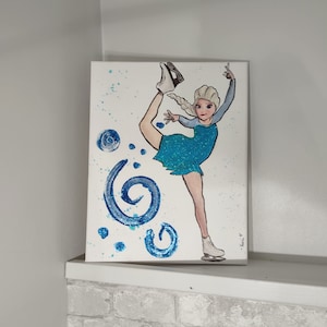 Hand-Painted Elsa Ice Skater Painting with Watercolor and Glitter Effects on Canvas | Princess Wall Art on 11 x 14-inch Canvas