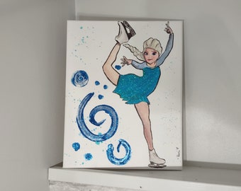 Hand-Painted Elsa Ice Skater Painting with Watercolor and Glitter Effects on Canvas | Princess Wall Art on 11 x 14-inch Canvas