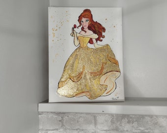 Hand-Painted Belle Painting with Watercolor and Glitter Effects on Canvas | Princess Wall Art on 11 x 14-inch Canvas