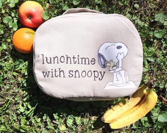 Lunch Box/Bag | Snoopy and Woodstock Lunchtime Cooler Bag | Insulated Food Bag from "Peanuts" in Tan/Gray with Waterproof Lining & Handle