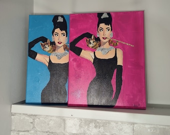 Hand-Painted Breakfast at Tiffany's "Colazione con Tiffany" with Glitter Effect | Audrey Hepburn, Old Hollywood Painting on Canvas