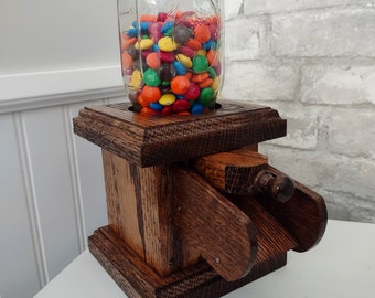 Mini Candy Dispenser - Wood and Mason Jar Dispenser for M&Ms, Jelly Beans, Skittles