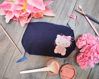 Navy Cosmetic Bag | "Hello Kitty" Makeup Pouch with Pink Ribbon and Watercolor Heart | Handmade Zipper Bag in 100% Cotton with Gray Lining