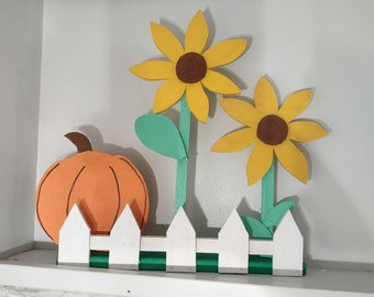 Wooden & Hand-Painted Standing Fall/Autumn Sunflower and Pumpkin Decor with White Fence