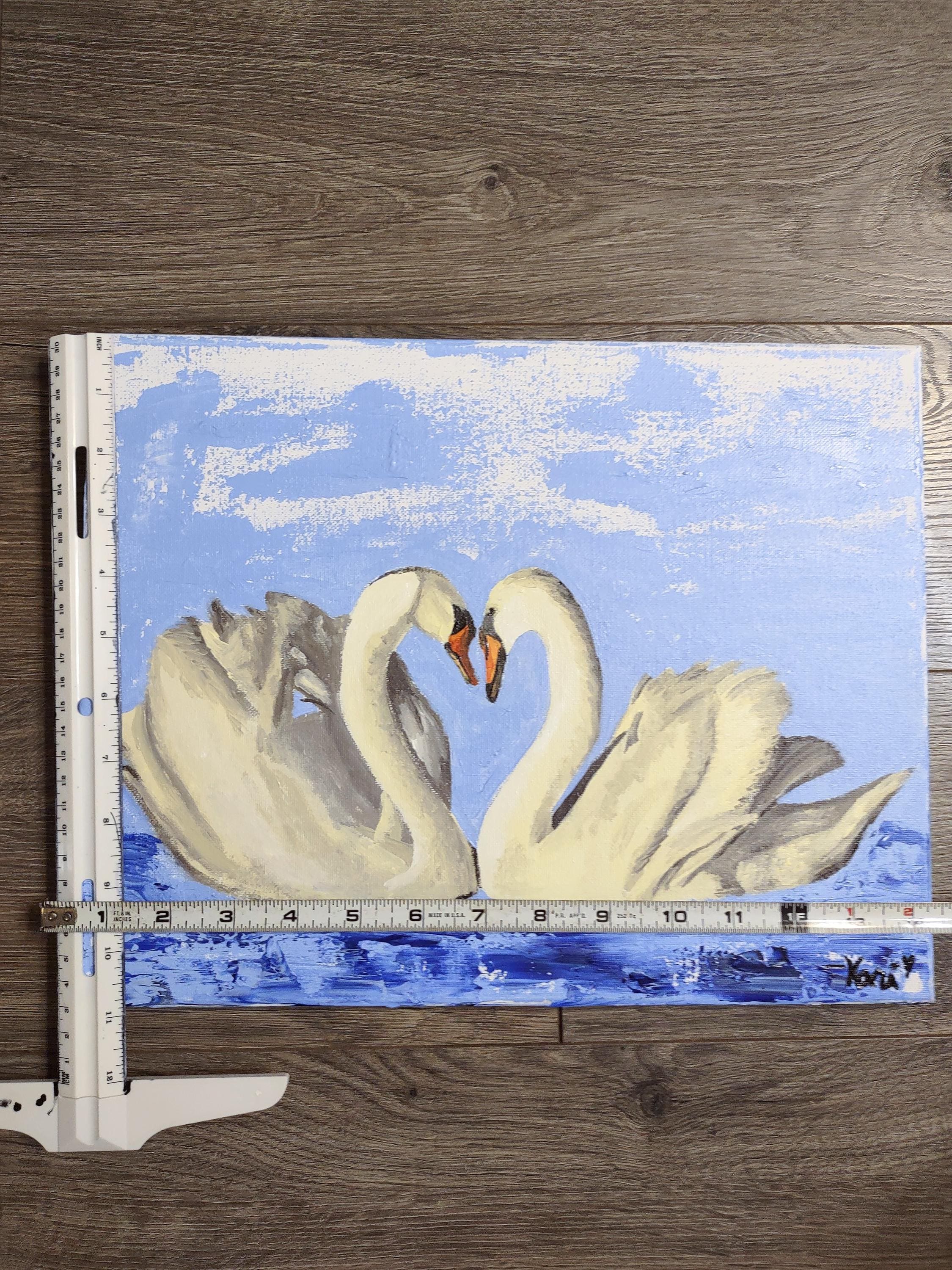 キャンバスに描かれた白鳥の絵画 | 湖畔にハートの首を持つ
