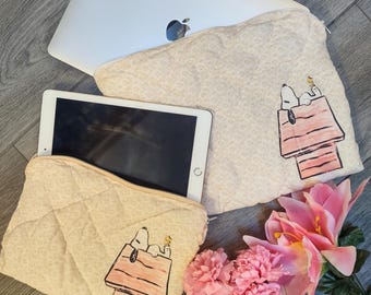 Laptop/Tablet Protective Sleeve  | Snoopy and Woodstock Red Dog House Bag with Quilting | Handmade Zipper Electronics Pouch in 100% Cotton