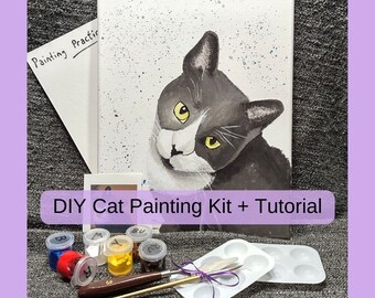 Kit Apprendre à peindre | Kit de peinture avec didacticiel vidéo complet et fournitures | Kit de peinture DIY visage chat/minou