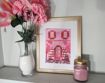 Book Shop Print | Vintage-Feel Pink/Lilac Book Store Painting Print for Framing, Gallery Walls, Library & More | Book Lover Digital Art