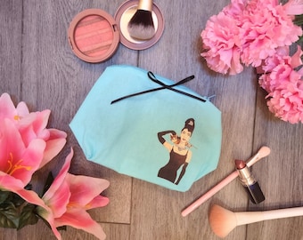 Blue "Breakfast at Tiffany's" Cosmetic Bag | Hand-Painted Makeup Travel Pouch | Handmade Zipper Bag in 100% Cotton with Gray Lining