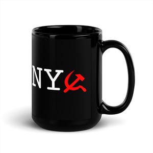 May include: Black ceramic mug with the word "NY" in white block letters and a red hammer and sickle symbol. The mug has a large handle and a glossy finish.