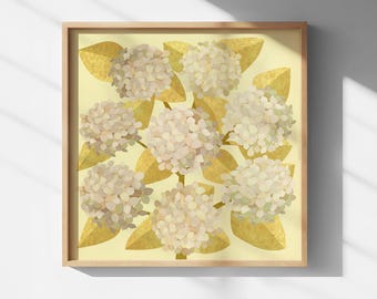 Elegante kunstprint met witte hortensia en goudkleurige bladeren | Botanische bloemen wanddecoratie