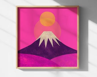 Felroze Mount Fuji kunstprint | Levendige Japanse berg muurdecoratie
