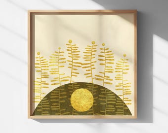Gouden Innerlijke Zon | Boho Gouden Varens Muurdecoratie | Minimalistische Botanische Zon Natuurdecoratie