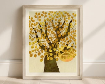 Golden Tree-zonsondergang– Minimalistische natuurmuurkunst