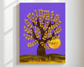 Gouden boom kunst aan de muur, paars abstract botanisch canvas woondecoratie