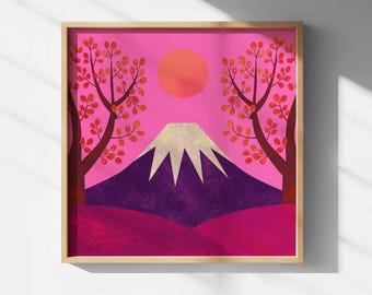 Kunstprint van de berg Fuji | Roze Japans landschap muurdecoratie | Moderne Sakura bergdecoratie