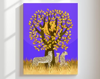 Gouden Levensboom Cheeta Familie Kunstprint | Afrikaanse Safari Wildleven Decoratie