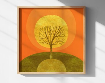 Minimalistische muurdecoratie met zonnebloem | Oranje zonsondergang | Modern abstract landschap