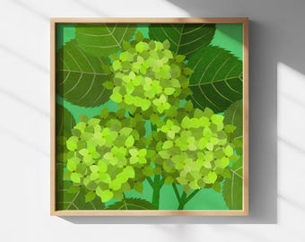 Green Hydrangea Floral Art Print | Botanical Wall Decor