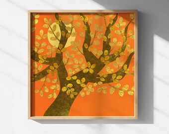 Kunstprint van een gouden herfstboom | Oranje botanische wanddecoratie