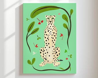 Grillige cheetah-print, decor botanische jungle kinderkamer, moderne safarikunst (opgespannen canvas)