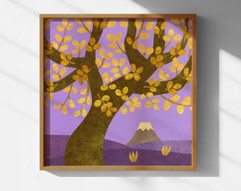 Gouden levensboom kunstafdruk | Japans berglandschap Fuji | Paarse botanische muurdecoratie