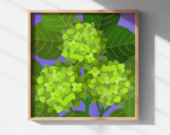 Kunstprint van een groene hortensia in paars – Botanische wanddecoratie