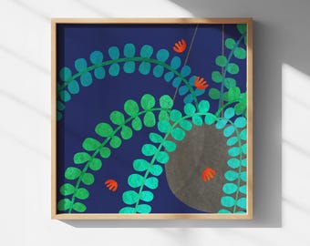Abstracte botanische kunstprint | Moderne tropische wanddecoratie | Blauwgroene natuurgalerij wandkunst
