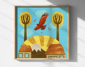 Kunstprint van zwevende adelaars boven de berg Fuji – Natuurlandschap, bergwanddecoratie