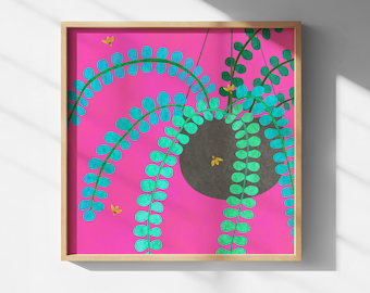 Levendige roze hangplant kunstprint | String of Pearls wanddecoratie | Boho botanische illustratie