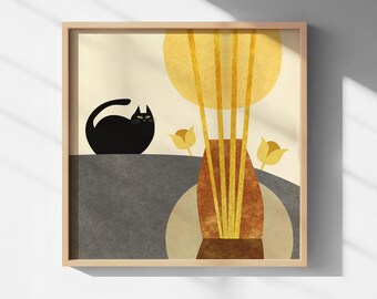 Muurdecoratie met zwarte kat | Minimalistische kattendecoratie | Moderne neutrale woondecoratie