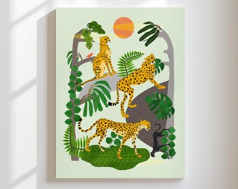 Cheetah muurdecoratie | Safari jungle decoratie | Tropische botanische dierenillustratie