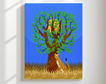 Cheetah onder een boom kunstprint | Kleurrijke safari muurdecoratie voor de kinderkamer