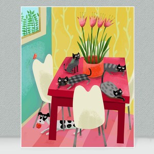 Lounging Cats On Red Table,  Downloadable Art Print, Dog, Still Life Wall Art, Modern Art, Dining Room, Contemporary Animal Art,  Home Decor