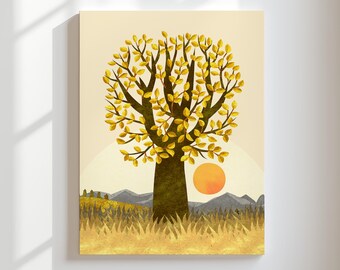 Print van de Gouden Levensboom | Muurdecoratie met een boho-look en zonsondergang