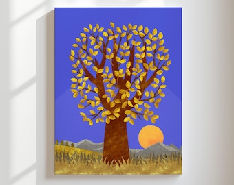 Gouden levensboom muurkunst, blauwe en gouden natuurprint, boho zonsondergang landschap