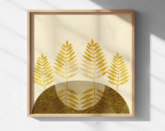 Gouden Wheat on Earth-heuvel | Boho natuur kunst aan de muur print | Gouden botanische illustratie