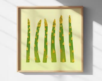 Kunstprint met gouden accenten van asperges | Moderne illustratie van een groene groente | Botanische muurdecoratie voor de keuken