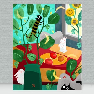 Banana Bunny Wall Art: Contemporary Cat & Rabbit Print (Digital Download)