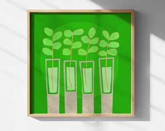 Groene zaailingen in zilveren vazen - kunstprint | Botanische illustratie met bladgoud